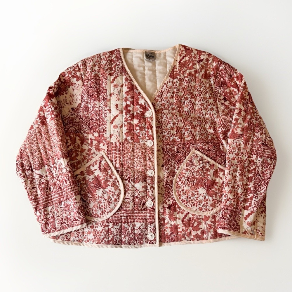 Como Vintage Women's Quilted Floral Jacket Cream/Red XXL Cottagecore Button-Up